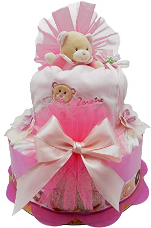 Torta di Pannolini 2 Piani Rosa con bavaglia