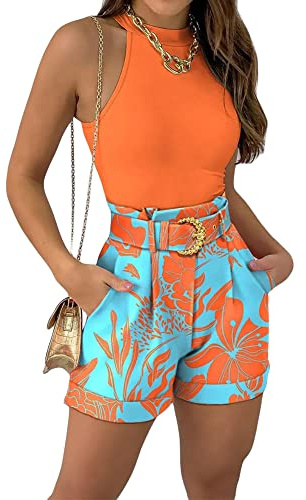 YILEEGOO Women's 2 Piece Outfits Floral Cami Tank Top Vest with High Waist Belted Shorts Set Romper Short Jumpsuit