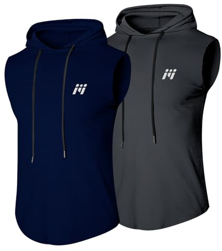 MEETWEE Herrlinne, sporttröja med huva, ärmlösa muskelskjortor, fitness, ärmlös skjorta, ventilerande löpartröja, armhålor, huvtröja för gym, löpning, träning, grå + blå, XL
