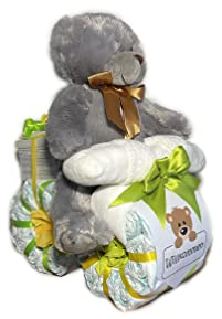 Windelmotorrad neutral mit Teddybär grau | gelb-grün | Windeltorte zur Geburt