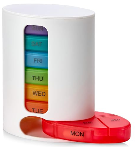 MEDca Pillendose, 1 Dosierer, 7 stapelbare mehrfarbige Fächer, viermal täglich – Morgen, Mittags, Abend und Schlafenszeit, weiß