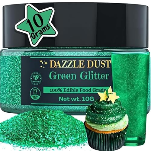 Dazzle Dust Edible Glitter Sprinkles for Cake Decorating, Drinks, Cookie, Icing, Dessert Decorations, Sparkly Luster, Food-Grade, Vegan, Gluten Free, Kosher, Bulk 10g, Green