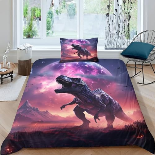 Dinosaurios Juego Sábanas De Cama Microfibra Juego De Funda De Edredón Poliéster Tyrannosaurus RexFunda Nórdica Sábana Encimera Funda De Almohada, Bedding Set Lavable Single（135x200cm）