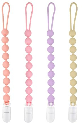 MINMUNJIU Silicone Pacifier Clip Holder, 4 Pack One Piece Soft Flexible Binky Clips Pacifier Holder Clip for Girls, Baby Girl Newborn Essentials