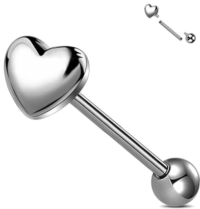 Jewseen G23 Implant Grade Titanium Tongue Piercing Jewelry Heart Tongue Rings Internally Threaded Tongue Barbell for Women Men