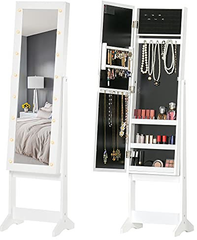 HOMCOM Smyckesskåp fotförvaringsskåp smyckeskrin med spegel multi-förvaring LED-belysning vit