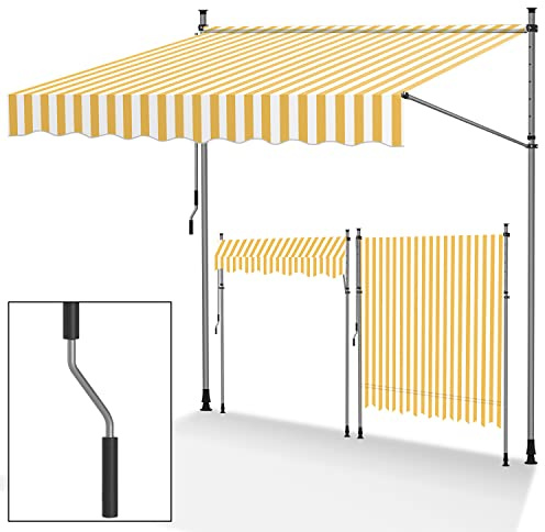 Tubiaz Klemmmarkise Balkon ohne Bohren, markise Balkon 300cm breit mit Handkurbel, Höhenverstellbare, UV-beständig und wasserdicht Klemmmarkise für Terrasse Balkon, Gelbe-Weiße
