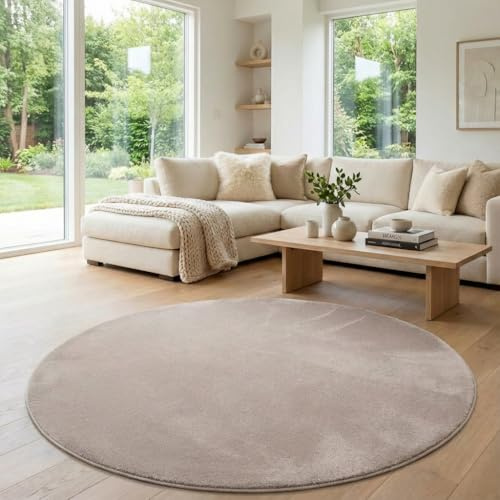 Jimri Flauschiger Teppich Läufer - Hochwertiger Kurzflor für Zuhause, Büro, Küche, Eingang, Flur, Wohnzimmer - Maschinenwaschbar - Rutschfester Teppich Waschbar - 80 cm Rund - Beige