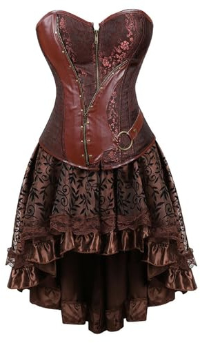 Mymyguoe Corsetto da Donna Steampunk a Petto Intero, Vestito Halloween Burlesque in Pelle, Abito Corpetto Gotico Vintage Retrò Pirata con Gonna, Marrone, M