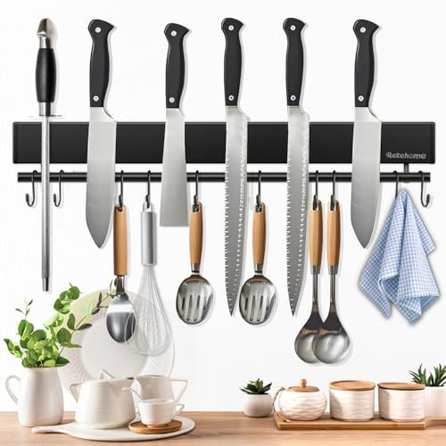 Rekehome 43 cm Black Magnetic Knife Holder with 10 Hooks, Strong Magnets, No Drilling, Includes Adhesive Tape and Screws