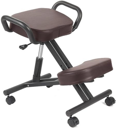 FLFLF Ergonomischer Kniestuhl, verstellbarer Hocker mit Rückenstütze und Rädern, abgewinkelter Sitz für bessere Haltung, Braun