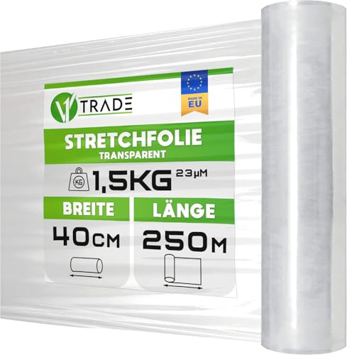 V1 Trade Stretchfolie Transparent - Stretchfolienrolle 250m x 40 cm - Verpackungsfolie 23my - Umzugsfolie für möbel