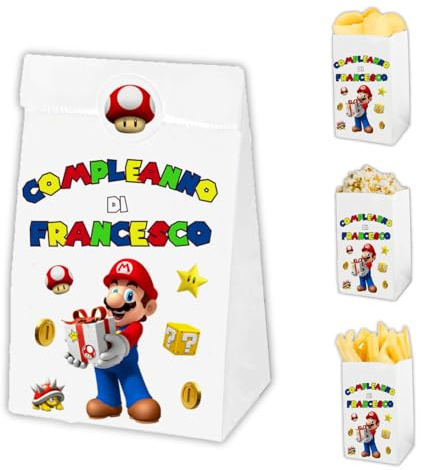 Auguriando 25 Sacchettini Compleanno Bambini Personalizzati Sacchetti Dopo Festa Regalo Personaggi Sacchetto Carta Regali dopofesta Caramelle Alimenti (Super Mario)