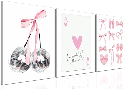 Pink Bows Wall Art Set of 3, Preppy Coquette Wall Decor, Trendy Disco Ball and Lucky Card Poster Canvas Prints for Teen Girl Apartment Bedroom Living Room Aesthetic 12x16 inch Framed