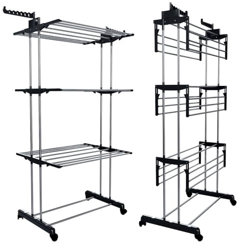 Bricozone Stendibiancheria A Rotelle A Torre Verticale Stendino In Acciaio E ABS Salvaspazio Con Ali Richiudibile 169 x 75.5 x 63.5 Cm 4 Piani Ripiani Pieghevole Modulabile Biancheria (Nero)