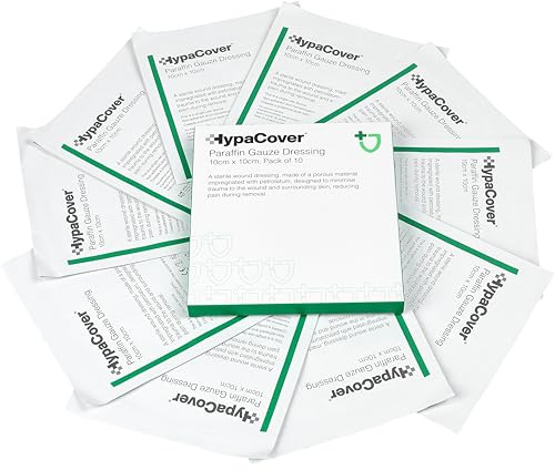 Safety First Aid Group HypaCover Sterile Paraffin Gauze Dressing, 10cm x 10cm (Pack of 10) - Hypoallergenic, Suitable for Burns, Cuts, Surgical Wounds