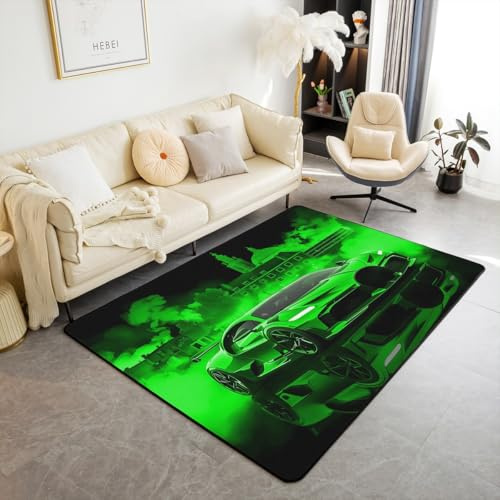 Homemissing Kinder Rennwagen Teppich 100x150cm Extreme Sport Spiel Car Wohnzimmerteppich Auto für Jungen Mädchen Schlafzimmer Dekor Moderne Grün Modern Teppich mit