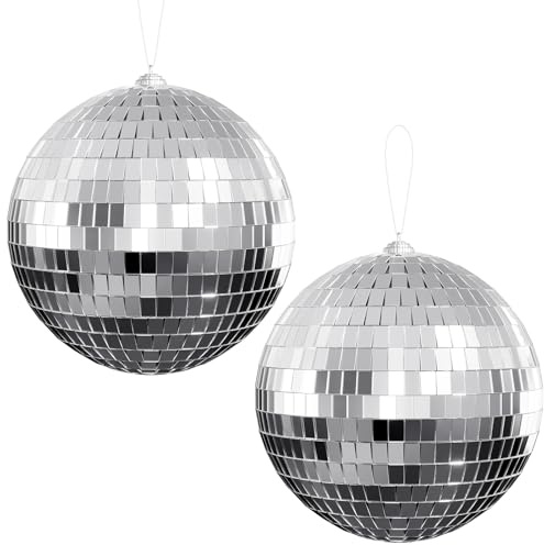 Youdepot 10 cm Disco Ball 2 Pack, Silver Hanging Mirror Balls with String, Mini Glitter Ball Decorations for Christmas Tree, Wedding, Birthday Party and DJ Stage Decor