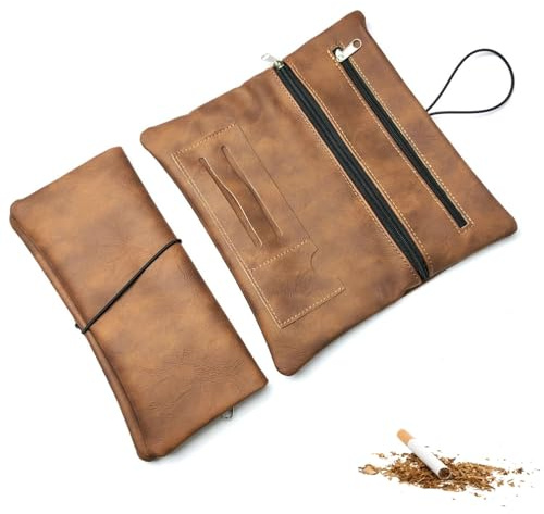 Leather Tobacco Bag, Multi-Layer Portable Tobacco Bag, Genuine Leather Turner Bag with Filter Compartment and Plate Holder, Tobacco Pouch with Rope, Tobacco Bag Leather with Foldable (Light Brown)