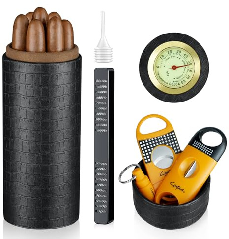 cgaplus Cigar Cylinder Case for 5 Cigars,Portable Travel Cigar Humidor with Cigar V Cutter Cigar Punch Set Cedar Wood Lined Leather Cigar Humidor with Outside Hygrometer