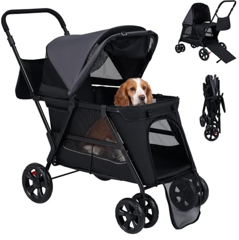 Maxmass Pet Stroller, Travel Dog Buggy with Adjustable Canopy, Safety Belt, Dual Entry and Ramp, Foldable Puppy Pushchair for Small Medium Dogs Cats