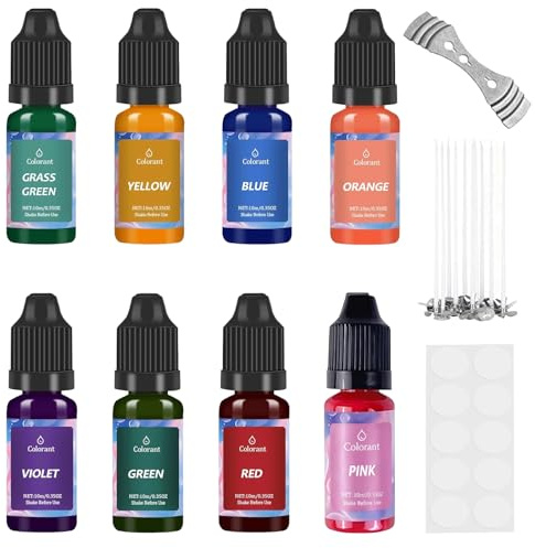 VIKY® Kerzenfarbe Set 8-farbig Flüssige Kerzenfarben zum Gießen - Hochkonzentrierte Kerzenwachs Farbe für Sojawachs & Bienenwachs - Inkl. 10 Dochte, Sticker & Dochthalter - DIY Kerzen selber machen