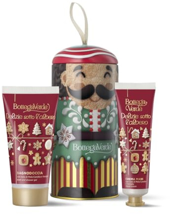 Bottega Verde - Cofanetto Regalo in Latta Delizie Sotto l'Albero, con Bagnodoccia 50 ml e Crema Mani 30 ml, Fragranze di Mela Candita e Vaniglia, Idea Regalo