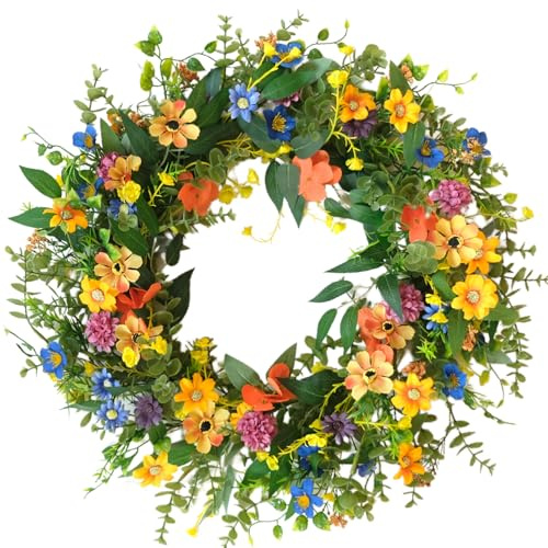 Egolot 20 Inch Spring Summer Colorful Floral Wreath for Front Door, All Seasons Wildflower Wreath with Olive & Boxwood Leaves, Everyday Floral Door Wreath for Indoor Outdoor Use