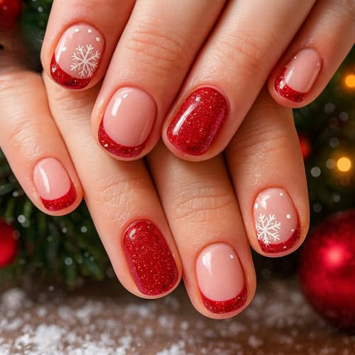 Short Square Press On Nails - Winter False Nails With Glue - Light Pink French Tips Design With Snowflake For Christmas - 24pcs Pink Red Shade & Shimmer Glitter Stick On Nails For Xmas