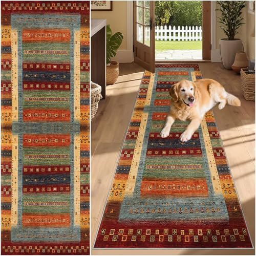 SUNMME Läufer Flur 80 x 260 cm waschbarer Kurzflor Teppich mit rutschfestem Gummirücken Vintage Küchenläufer für Eingangsbereich, Waschküche & Wohnhausflu