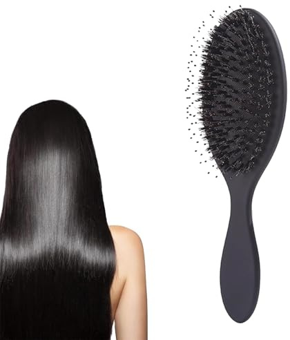 BelleFlair Brosse à cheveux en poils de sanglier noire, Brosse plate pour femmes et hommes, Brosse professionnelle pour extensions, Pour démêler les cheveux longs et épais