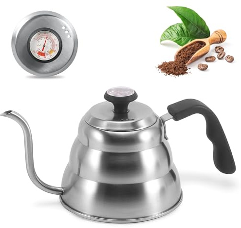 BORDEAG Vattenkokare svanhals med termometer, 1 l svanhals vattenkokare, rostfritt stål vattenpanna, kaffekanna, vesvinkelkedja för alla typer av spisar hållbar och lätt att rengöra