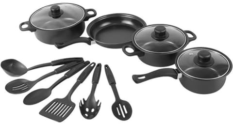 13pcs Non-Stick Pots and Pans Cookware Set with Induction Hob Compatibility – Includes Saucepan, Frying Pan,Stewing Pot,Lids & Spoons – Scratch-Resistant, Easy-Clean Black Iron Cookware for All Hobs