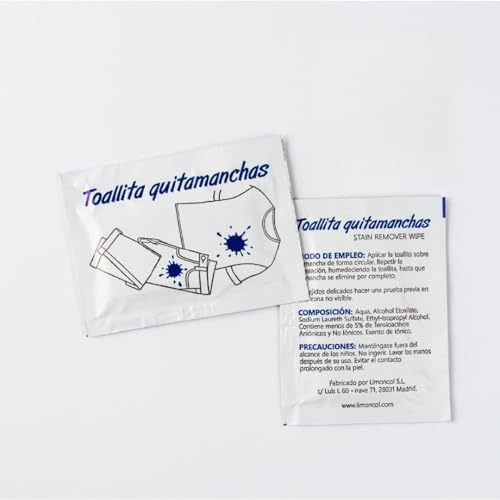 Limoncol Toallitas Quitamanchas para Ropa y Tejidos, Toallitas Individuales de Un Solo Uso, Limpieza Rápida de Manchas Recientes, Uso Portátil, 100 Unidades