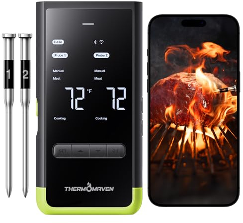 ThermoMaven Kabelloses Bluetooth-Smart-Fleischthermometer: Basisstation, WLAN-Thermometer Mit Sub-1G, 6 Sensoren, NIST-Genaue Messung, 3 Sonden, Für Grill, BBQ, Ofen & Smoker (Frisches Grün)
