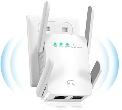 Amplificatore WLAN 1200 Mbit/s, ripetitore Wi-Fi dual-band 5 GHz e 2,4 GHz con connessione LAN, extender WiFi per copertura Internet, amplificatore di segnale per gaming, streaming, Smart TV e home