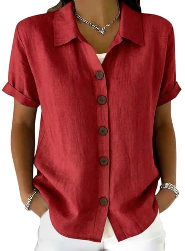 Onsoyours Camicia Donna Cotone Lino Estiva Camicetta Elegante Blusa Manica Corta Casual Scollo a V con Bottoni Shirt A Rosso M