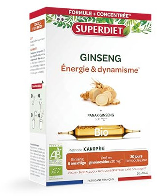 SUPERDIET – GINSENG BIO – Énergie & Dynamisme – Phytothérapie – Fabrication française – 20 ampoules de 10 ml