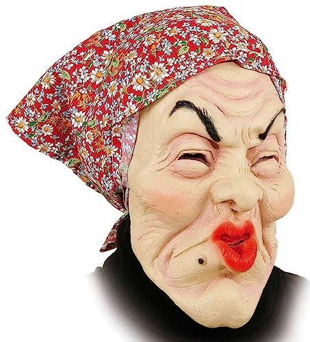 Hexen-Maske: alte Frau mit rosa Kopftuch, Latex, für Erwachsene