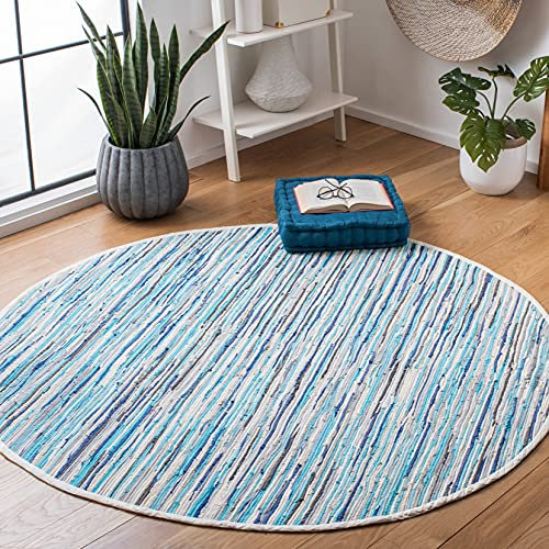 SAFAVIEH Flickenteppich-Kollektion, rund, 1,8 m, Türkis und Mehrfarbig, handgefertigt, Boho-Streifen, Baumwolle, ideal für stark frequentierte Bereiche im Wohnzimmer, Schlafzimmer (RAR129C)
