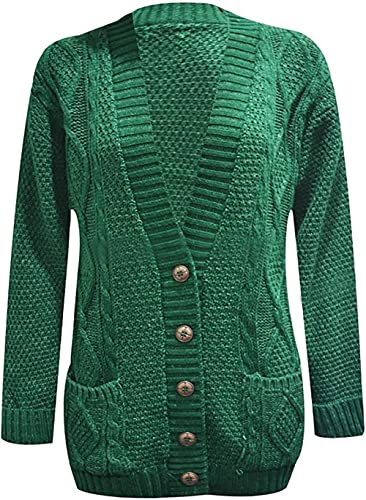 Purple Hanger New Womens Everyday Long Sleeve Button Top Ladies Chunky Aran Cable Knit Grandad Cardigan (8-10, Bottle Green)