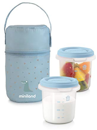 Miniland Baby Frischebehälter Set 2 x 250ml mit Isoliertasche - PACK-2-GO Hermisized, Azure