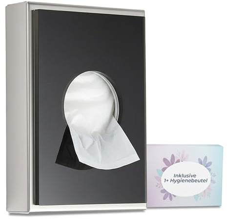 Schönbeck Design Hygienebeutelspender aus Edelstahl - gebürstete Oberfläche mit schwarzer Acrylfront, kompakter Spender für Hygienebeutel für Damenbinden und Tampons, hergestellt in Deutschland