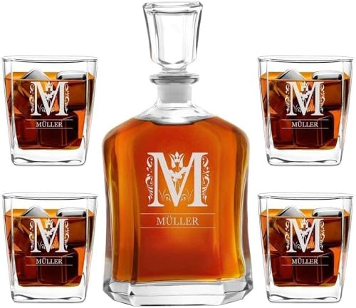 Maverton Whiskey Karaffe + 4 / 6er Whiskygläser Set mit Gravur - 700ml Whisky Dekanter - Geschenk zum Geburtstag für Damen - Buchstabe