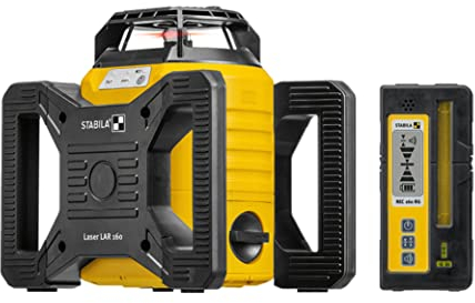 STABILA Rotationslaser LAR 160, 5-teiliges Set, selbstnivellierend, hohe Nivelliergenauigkeit ± 0,1 mm/m, Wasser- und staubdicht nach IP 65, inklusive Set-Receiver und stabilem Tragekoffer