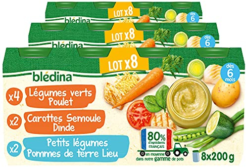 Blédina Petits Pots pour bébé, Dès 6 Mois, Carottes Semoule Dinde / Légumes Pommes de terre Lieu / Légumes Poulet, 24x200g (Lot de 3*8)