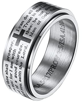 HIJONES Herren Edelstahl BibelVers Lords Prayer Kreuz Gott Ring 3 Farben drehbar Schwarz/Gold/Silber