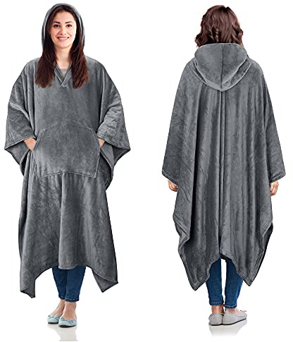 Catalonia Classy Poncho filt bekväm plysch fleece med huva bärbar filt för vuxna kvinnor män barn mantel hemma eller utomhus, 200 x 140 cm, grå