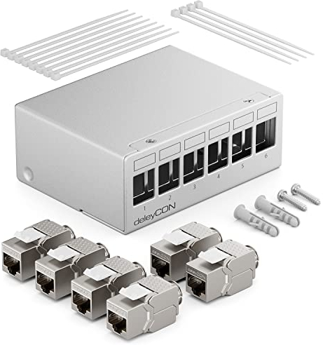 deleyCON Patch Panel 6 Porte Set Sezionatore 1RU + 6 Moduli Keystone Jack RJ45 STP CAT6a Compatibile con Cavo di Installazione CAT5 CAT6 CAT6a CAT7 Cavo di Rete Ethernet LAN DSL - Grigio
