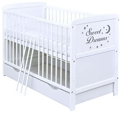 Baby Delux Babybett Kinderbett umbaubar zum Juniorbett weiß 140x70 Schublade Matratze mit Motiv Sweet Dreams (mit Schaumstoffmatratze 140x70x6 cm)